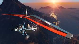 Player flying a para trike above Mount Chiliad and heading to Sandy Shores