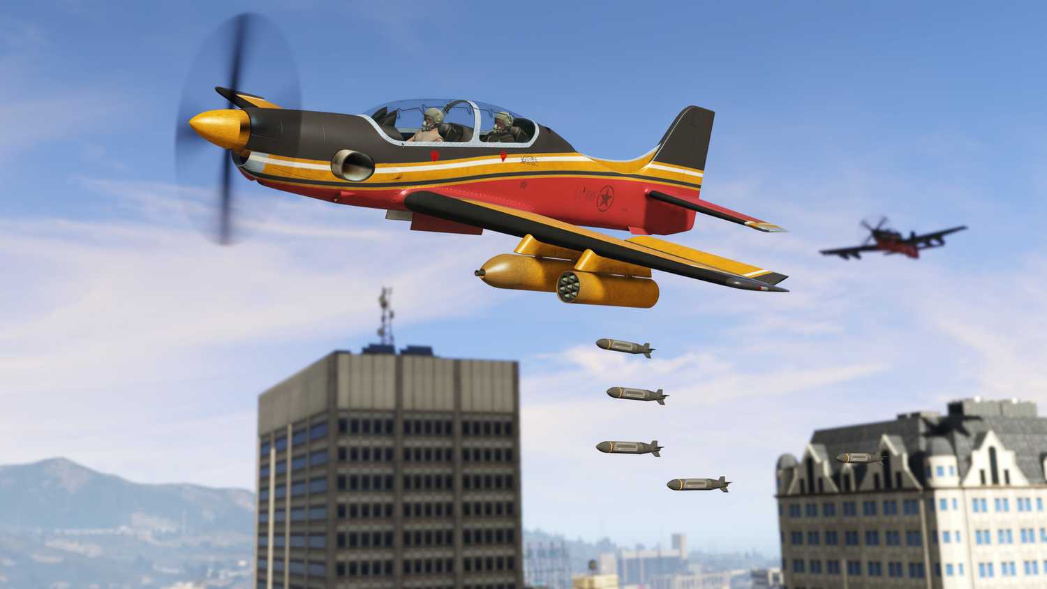 Two players flying a small bomber and carpet bombing Los Santos with another plane chasing them in the background