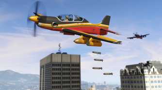 Two players flying a small bomber and carpet bombing Los Santos with another plane chasing them in the background