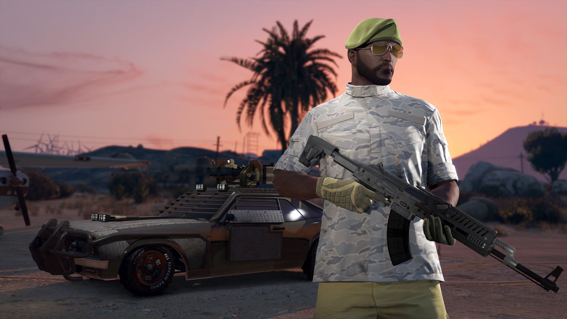 A player dressed in a white camo shirt holding an assault rifle with an armored car in the background
