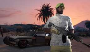 A player dressed in a white camo shirt holding an assault rifle with an armored car in the background