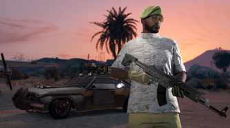 A player dressed in a white camo shirt holding an assault rifle with an armored car in the background