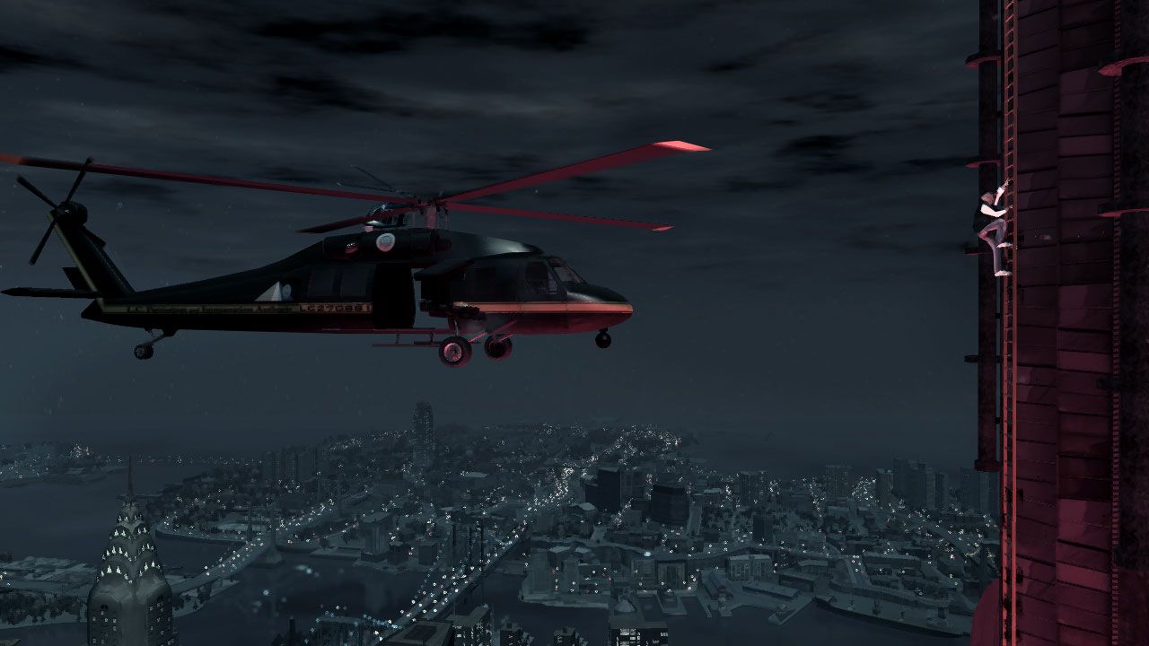 Luis being watched by a helicopter climbing a ladder on the side of a skyscraper with the city scape of Liberty City in the background