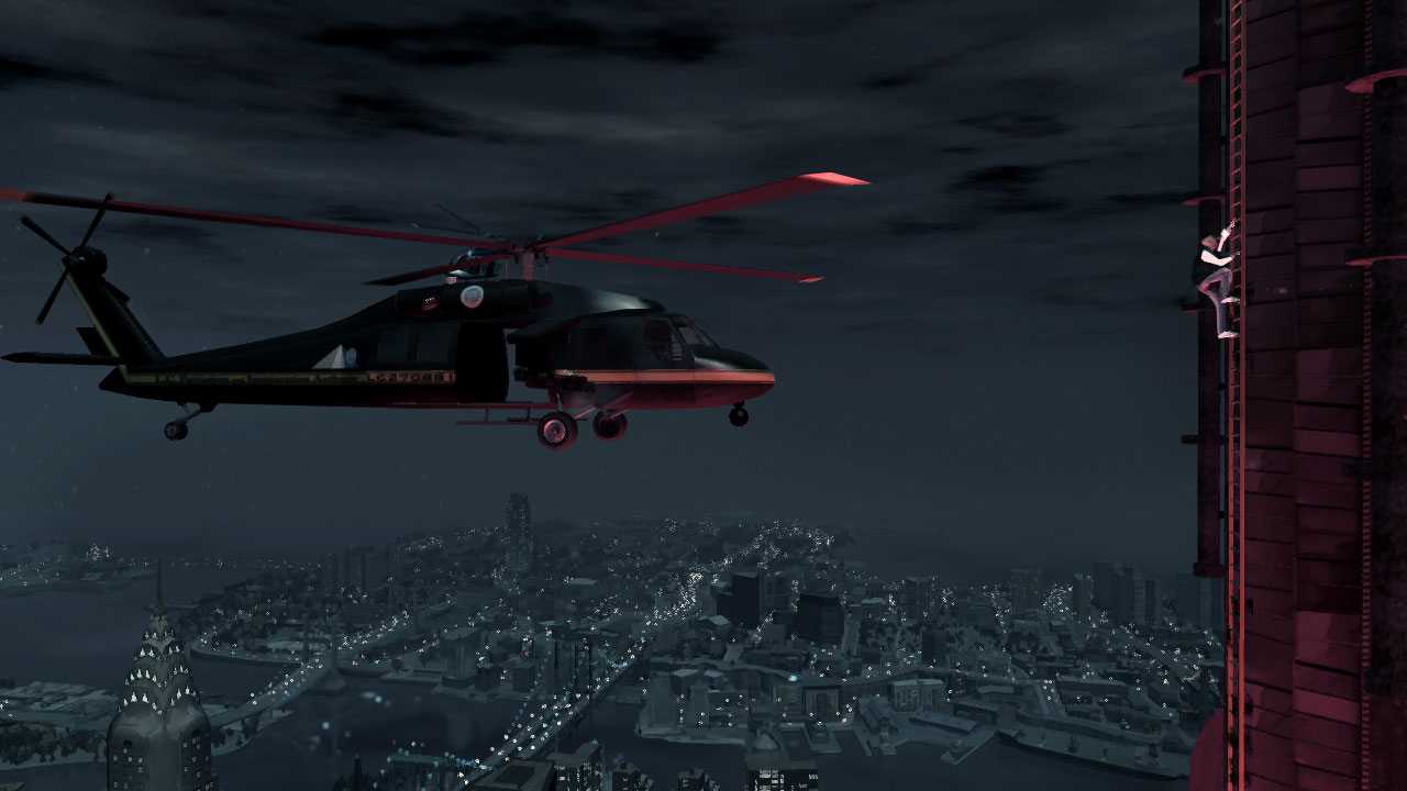 Luis being watched by a helicopter climbing a ladder on the side of a skyscraper with the city scape of Liberty City in the background