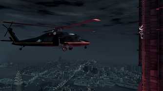 Luis being watched by a helicopter climbing a ladder on the side of a skyscraper with the city scape of Liberty City in the background