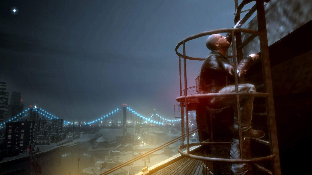 Johnny climbing a ladder in the night to look for a view