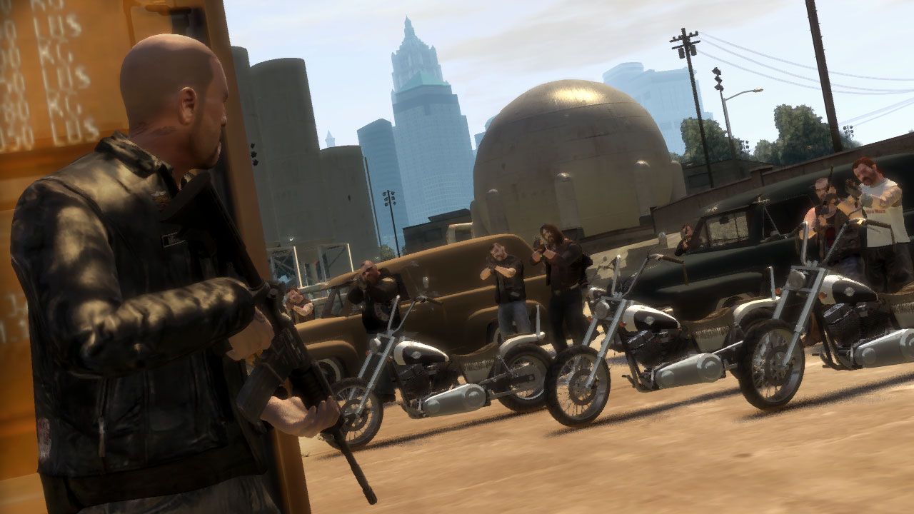 Johnny taking cover with his assault rifle from a rival gang shooting at him