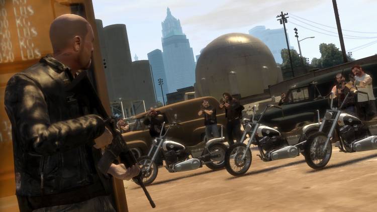Johnny taking cover with his assault rifle from a rival gang shooting at him