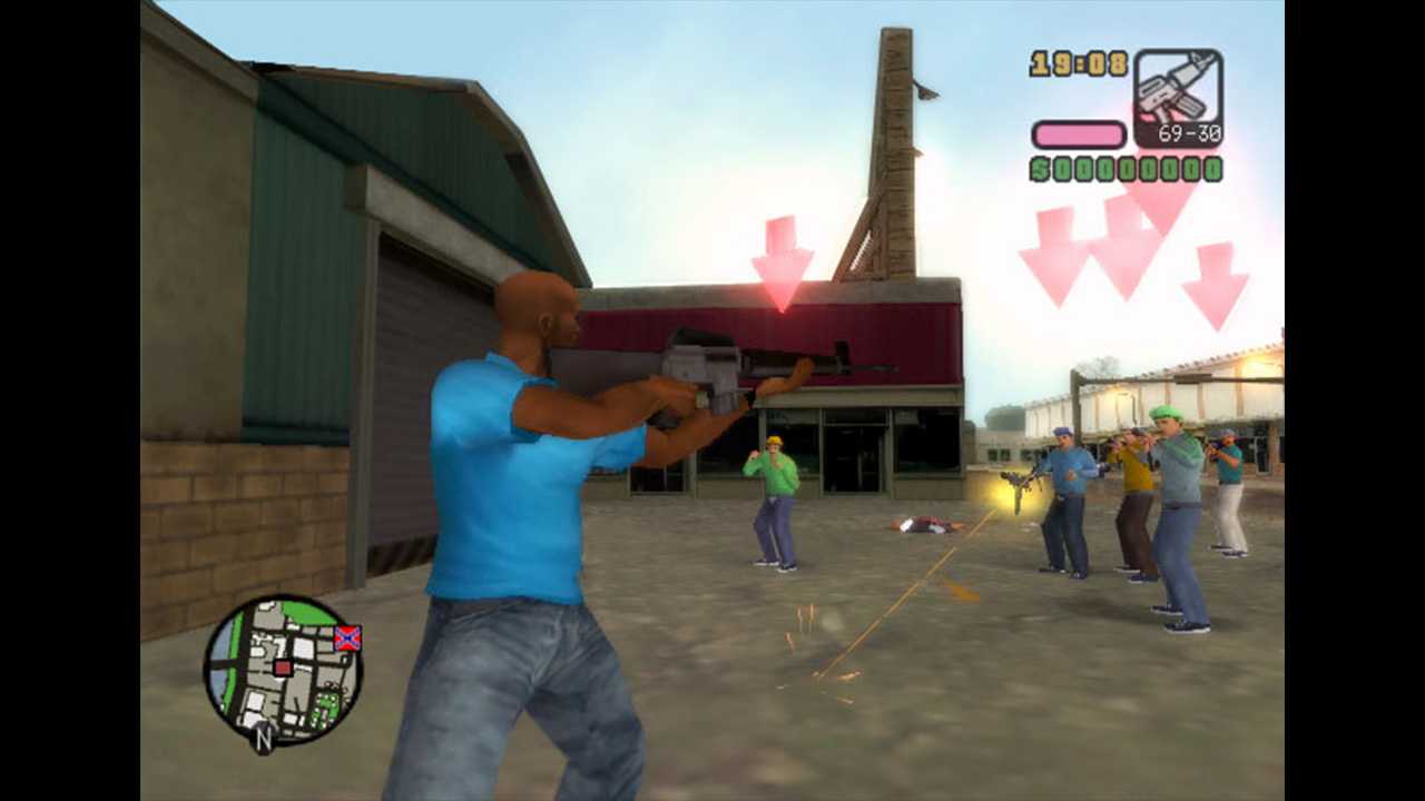 Vic shooting gangsters with an assault rifle in the docks