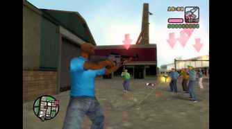 Vic shooting gangsters with an assault rifle in the docks