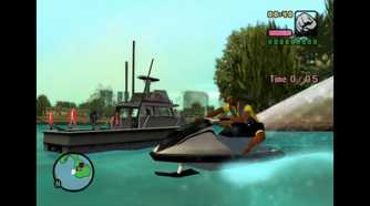 Vic riding a jet ski with a fishing boat in the background
