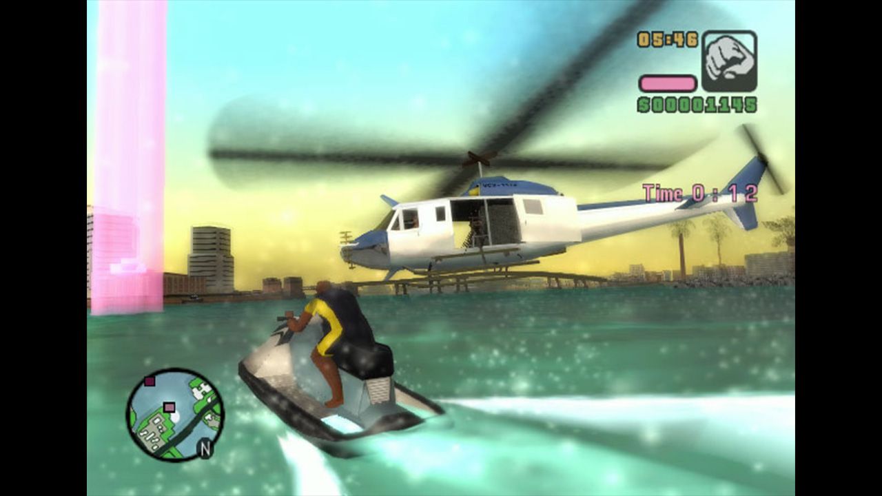 Vic steering away his jet ski from a white and blue helicopter towards a checkpoint in a timed mission