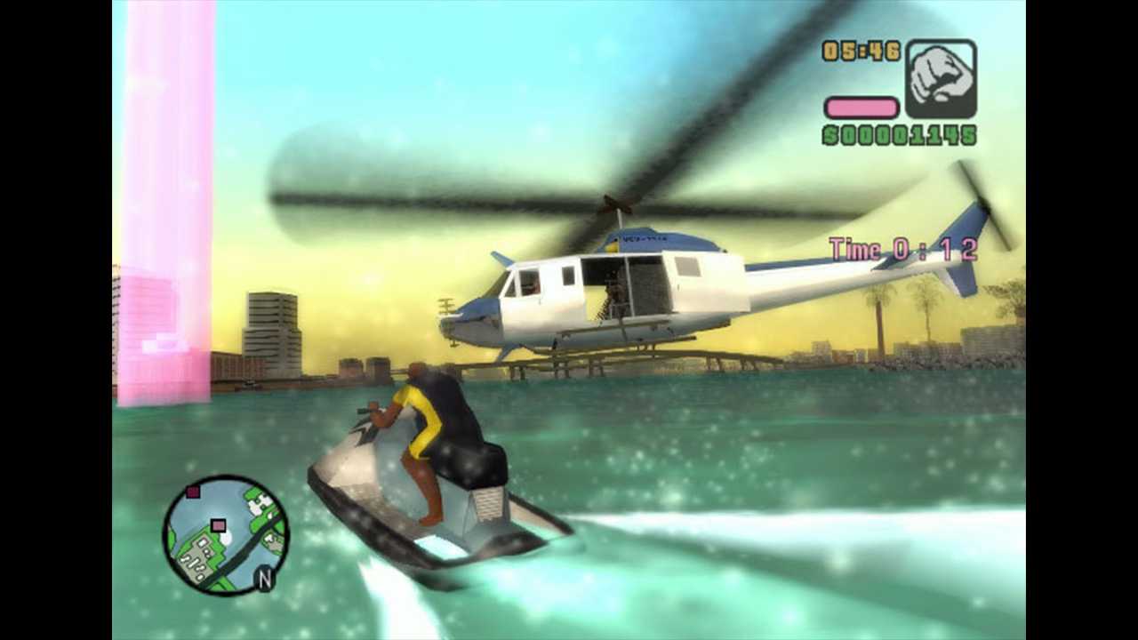 Vic steering away his jet ski from a white and blue helicopter towards a checkpoint in a timed mission