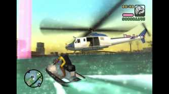 Vic steering away his jet ski from a white and blue helicopter towards a checkpoint in a timed mission