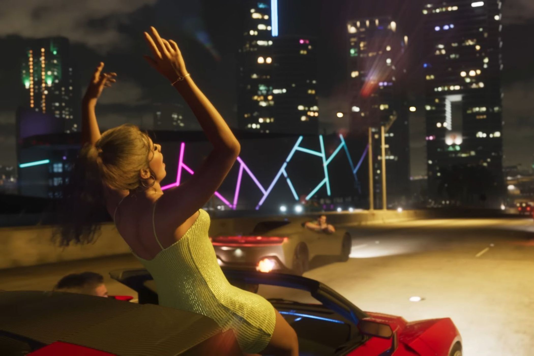 GTA VI woman hanging out of convertible 
