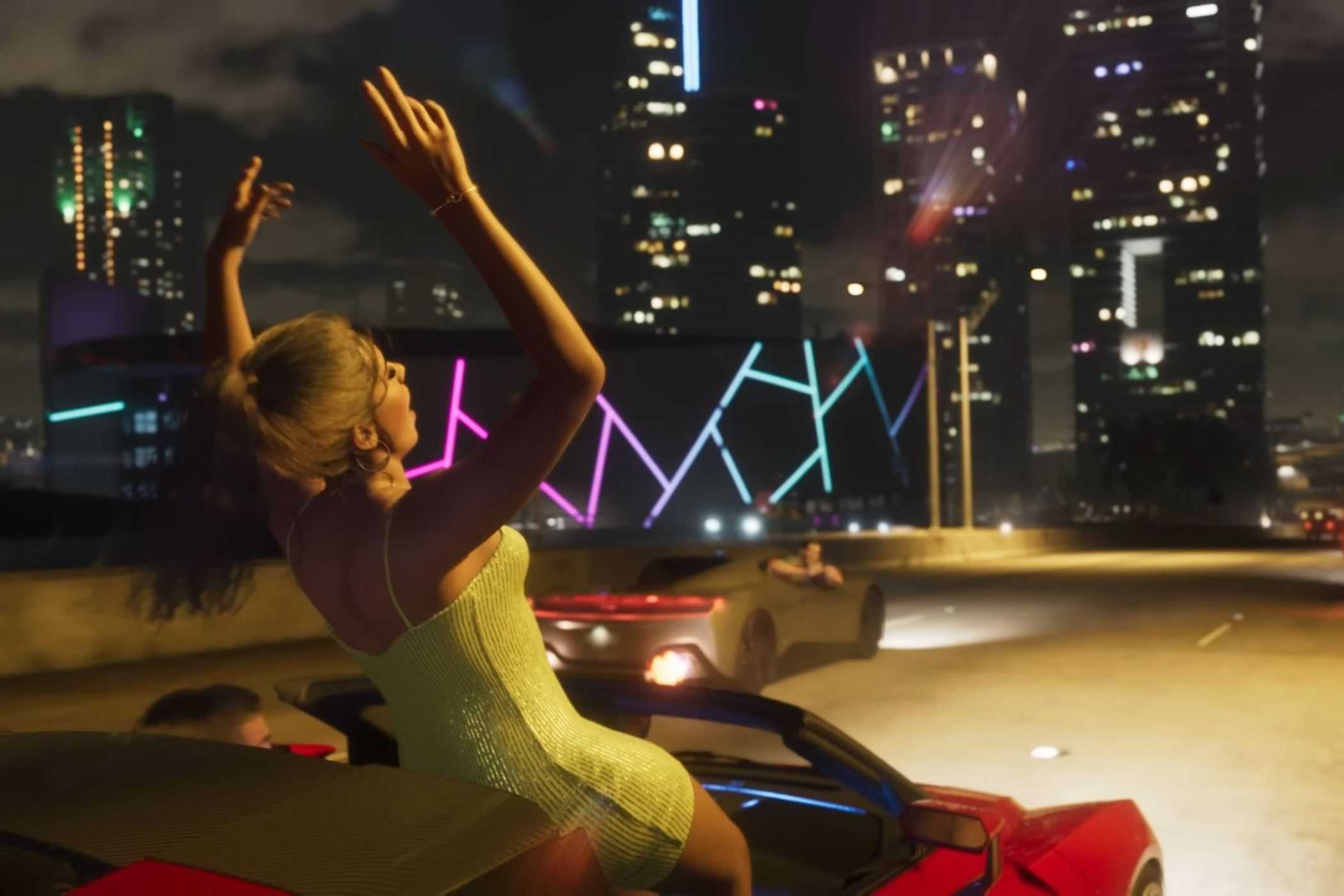 GTA VI woman hanging out of convertible