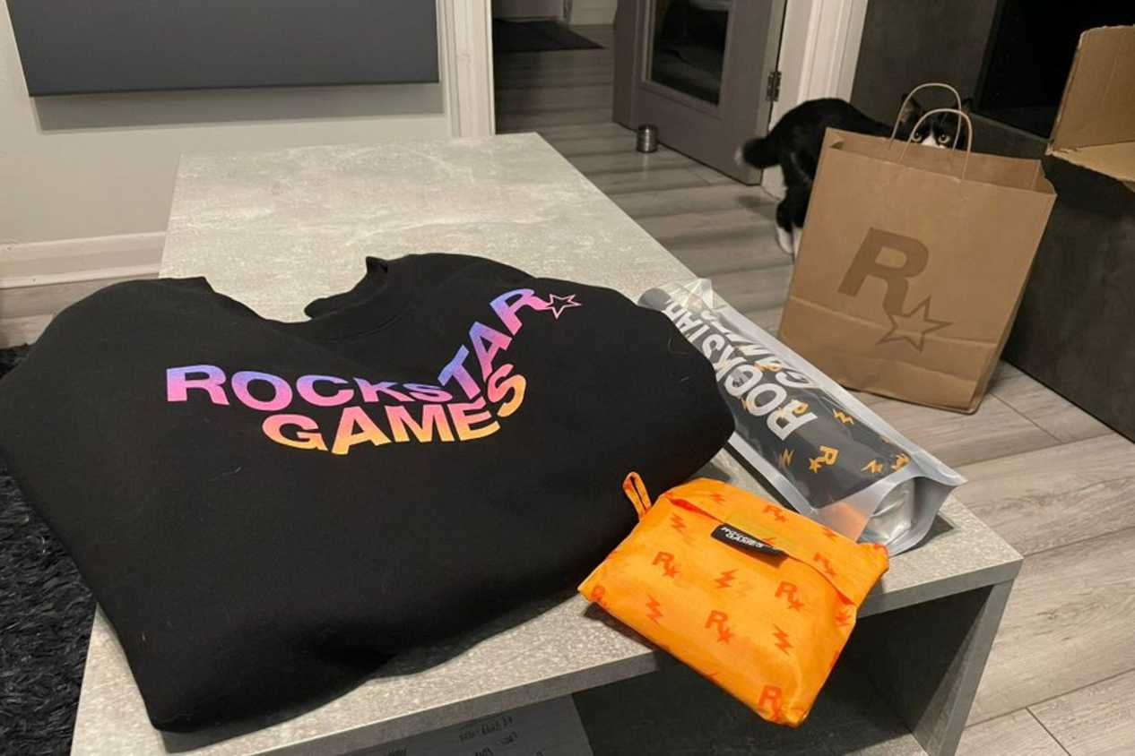 Rockstar Games merch sitting on table