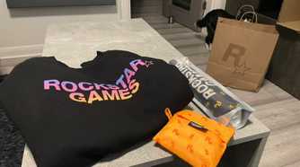 Rockstar Games merch sitting on table