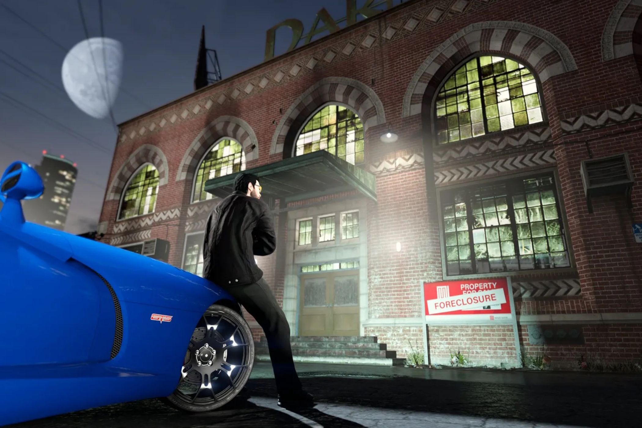 GTA Online character sitting on car in front of foreclosed building