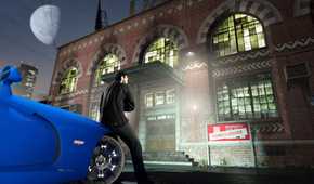 GTA Online character sitting on car in front of foreclosed building