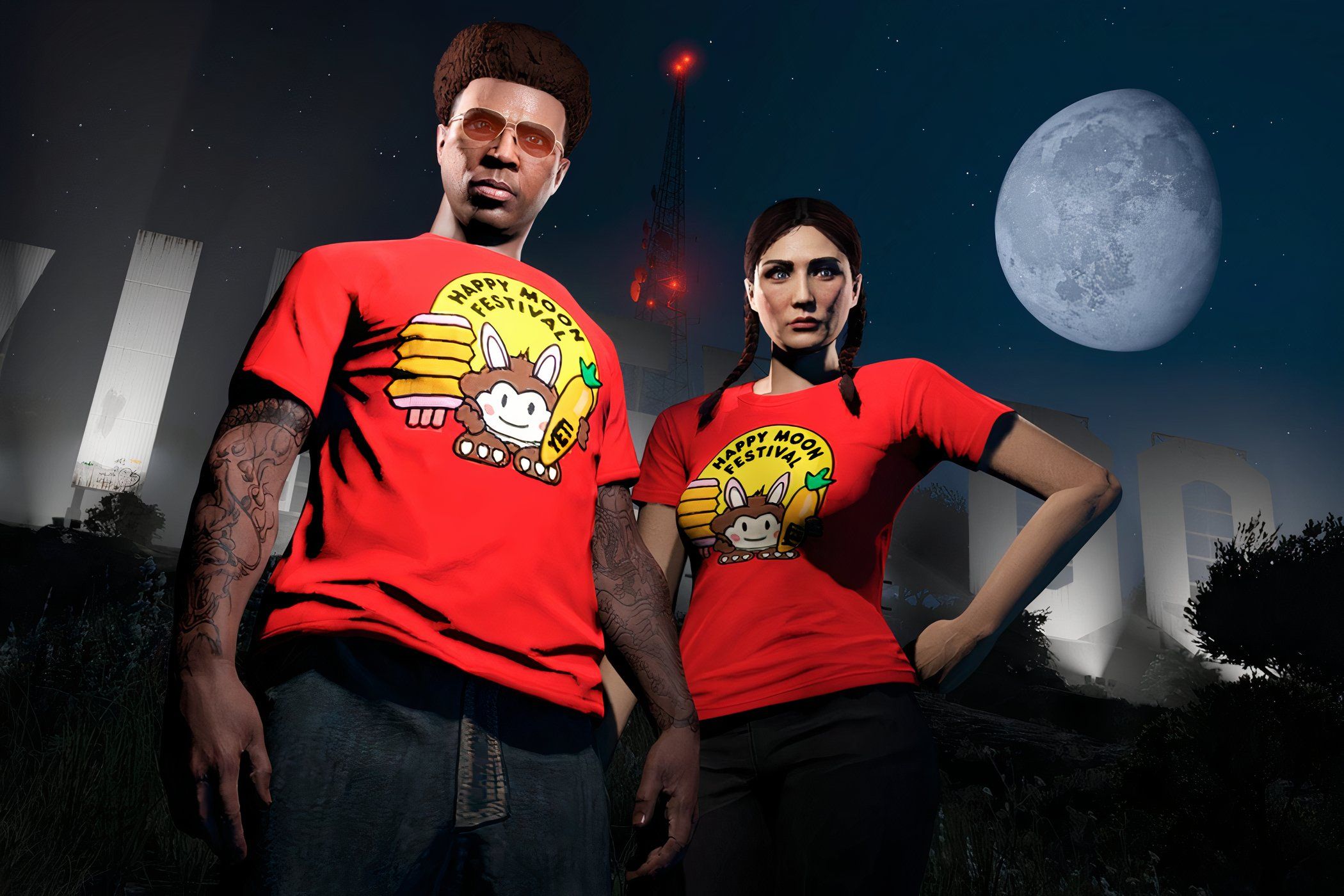 GTA Online man and woman wearing moon festival T-Shirts