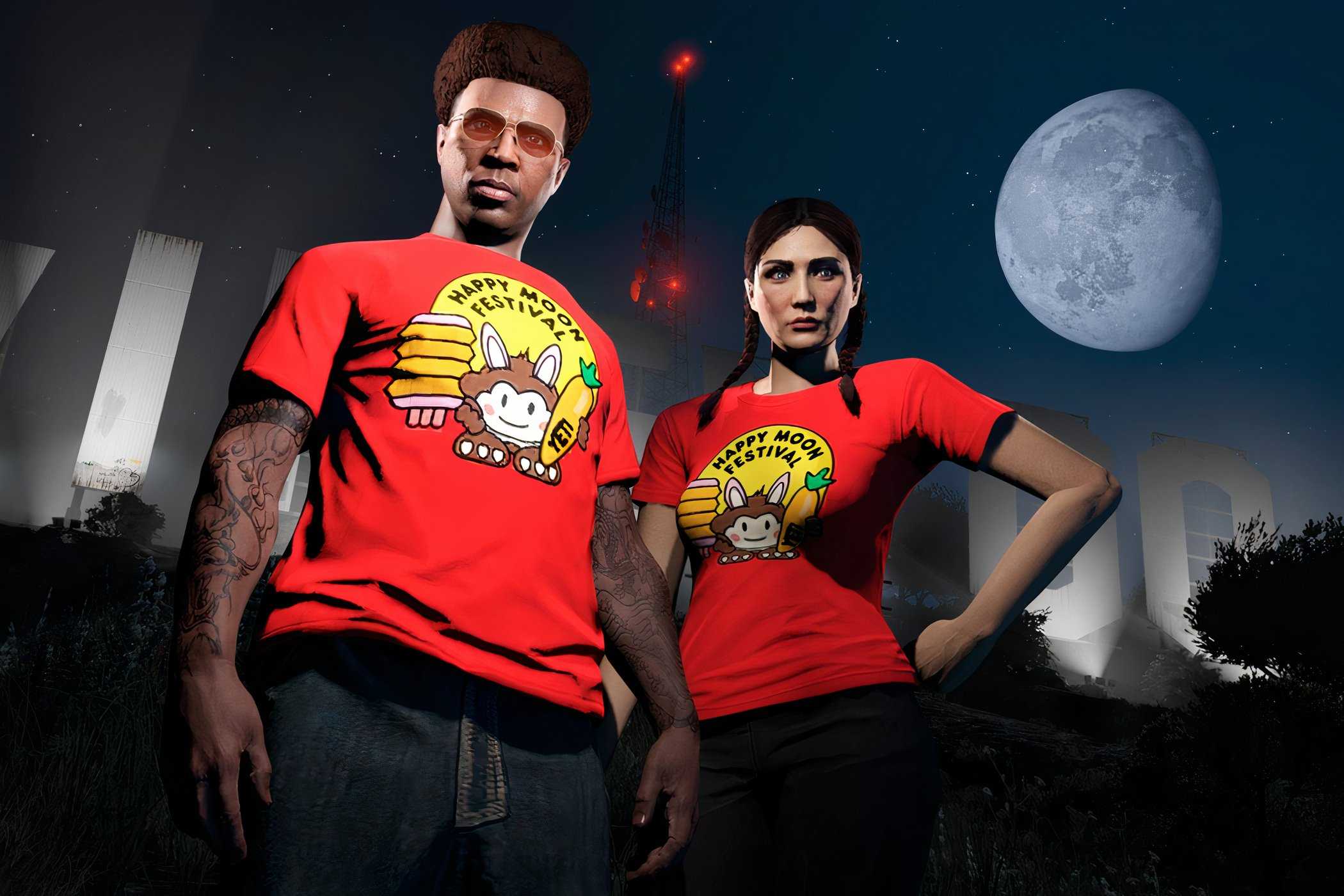 GTA Online man and woman wearing moon festival T-Shirts