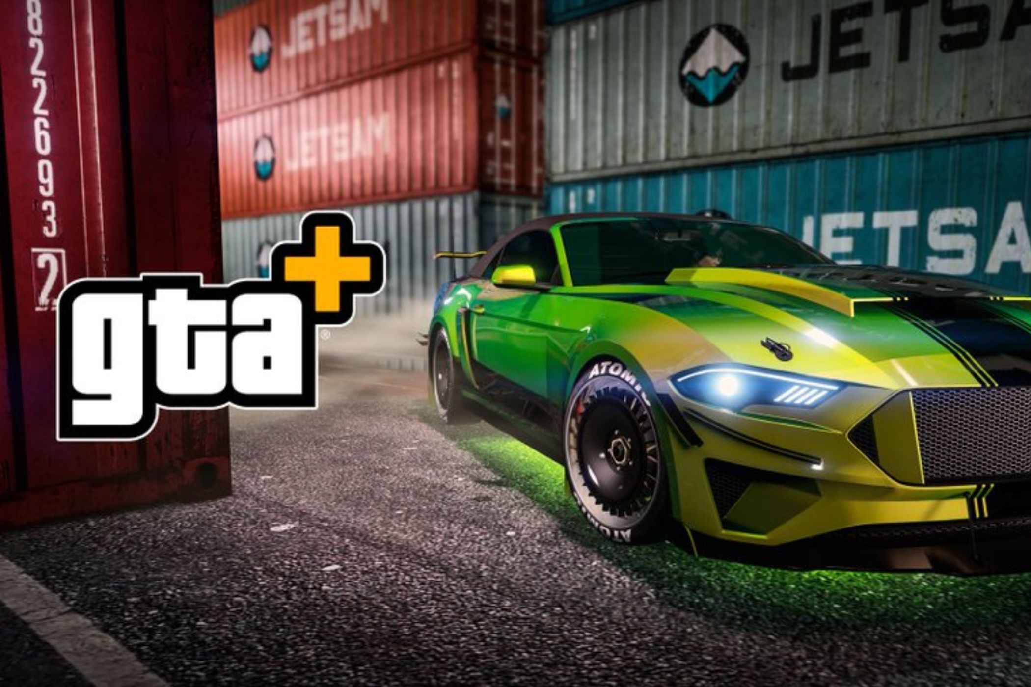 GTA Online Vapid Dominator next to shipping containers