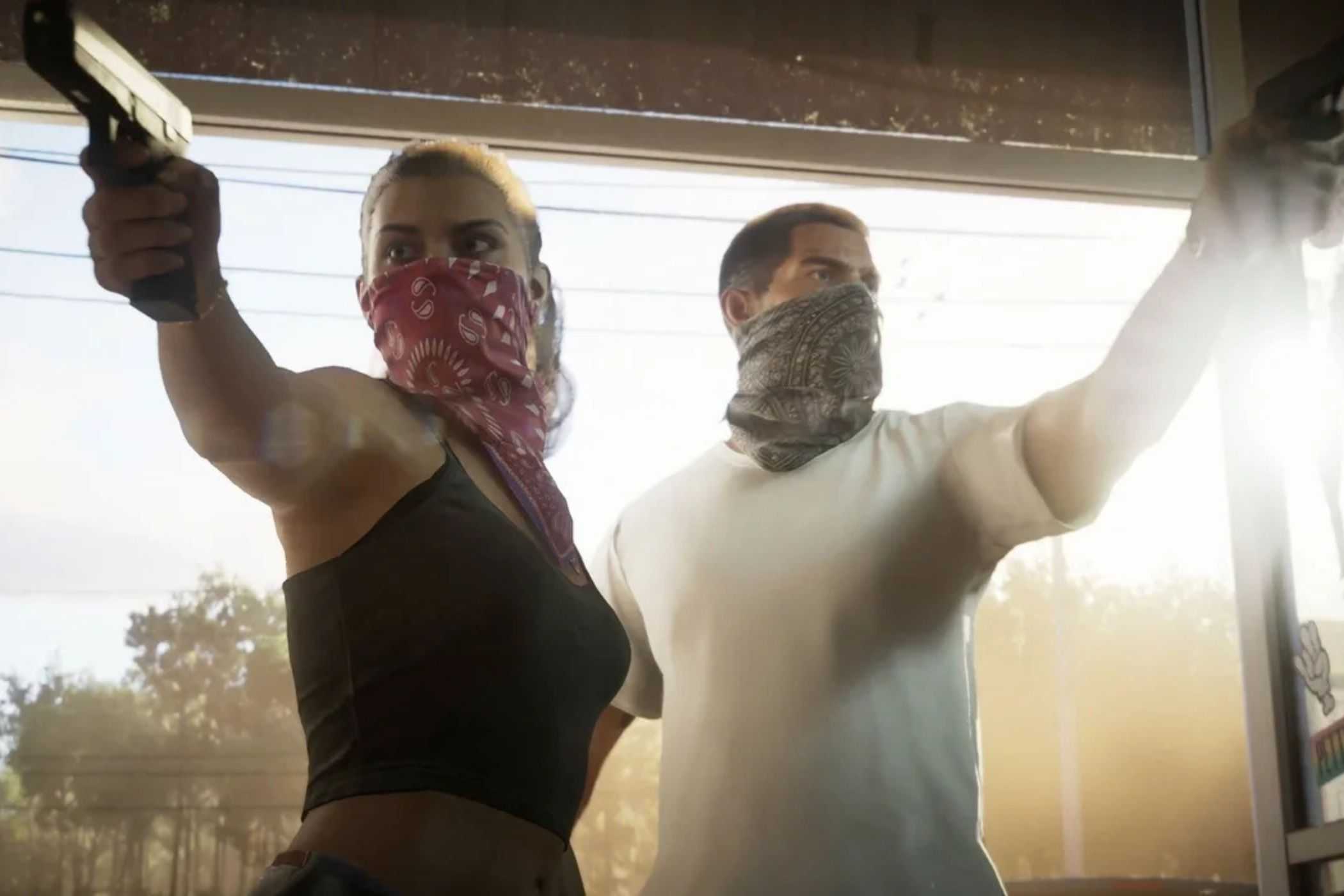 GTA VI Lucia and Jason holding guns