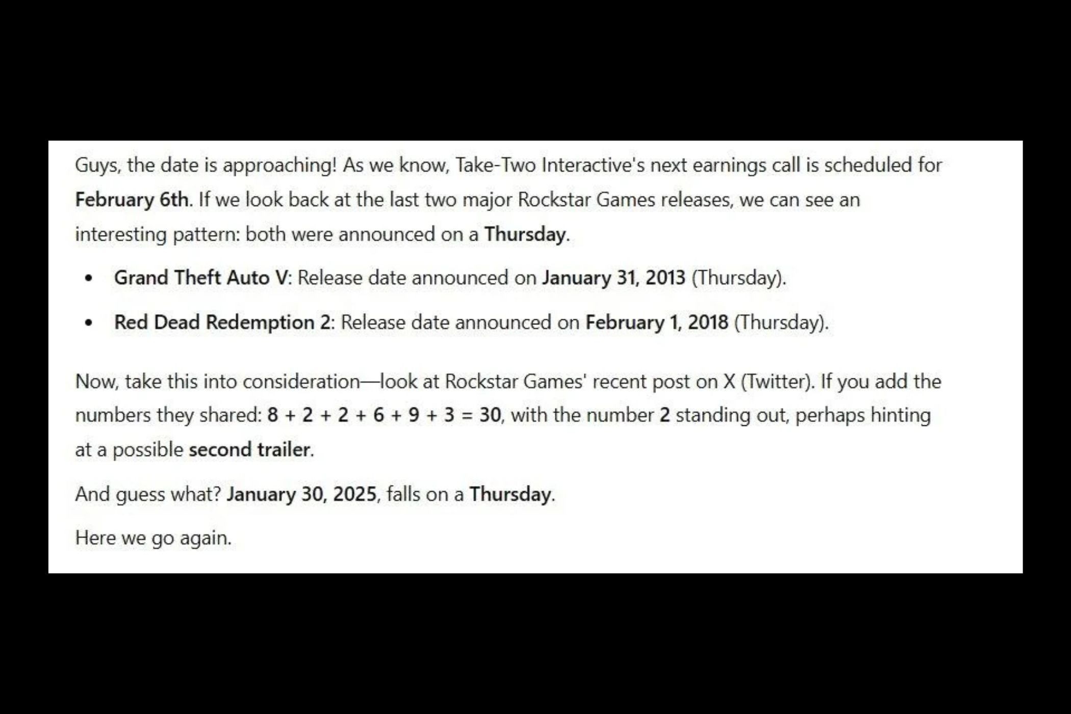 Text post explaining the GTA VI number theory