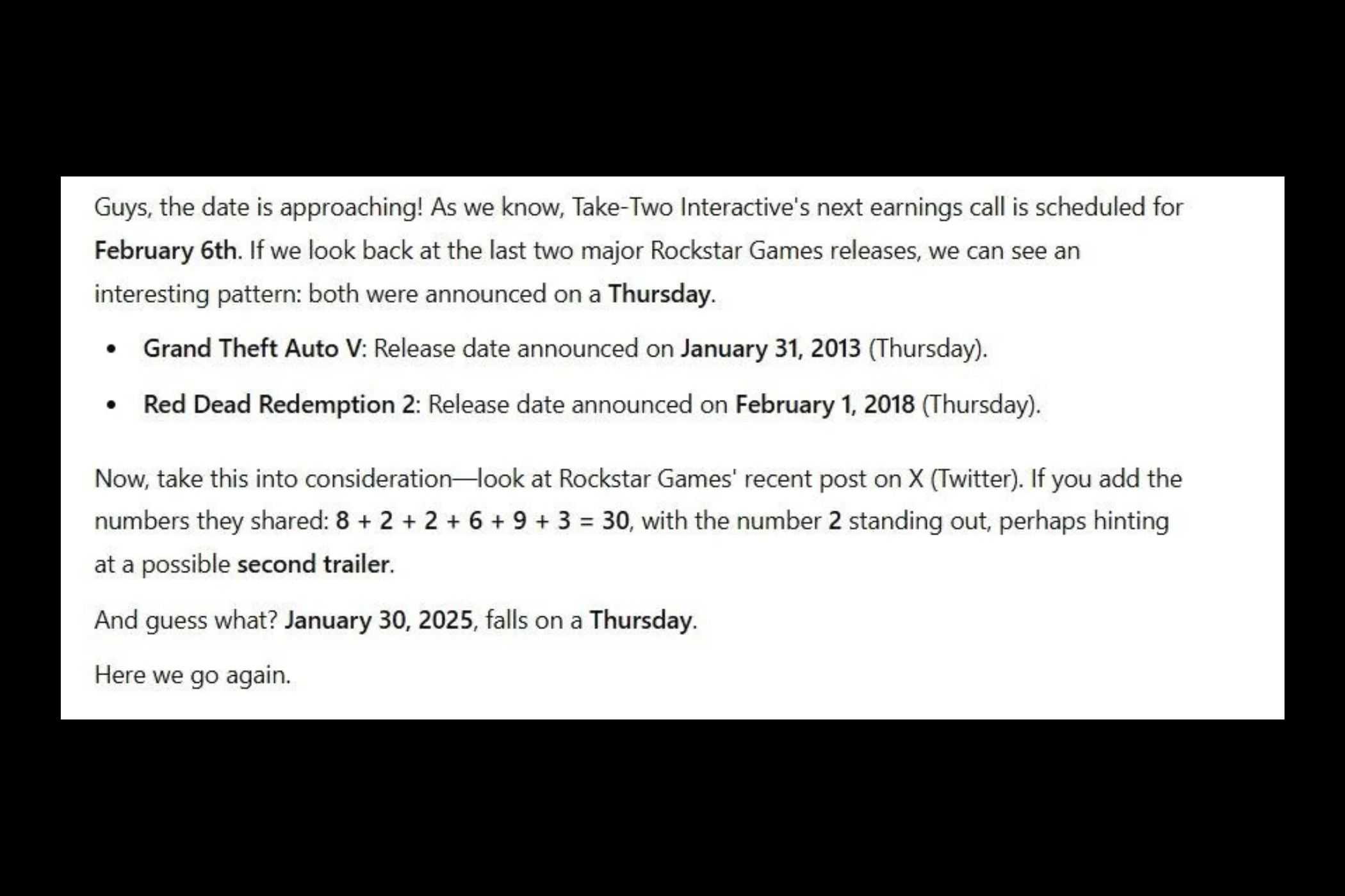 Text post explaining the GTA VI number theory