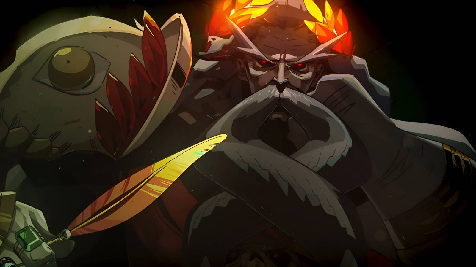 A 2D image of Hades, from the game Hades, holding a quill with a golden feather.