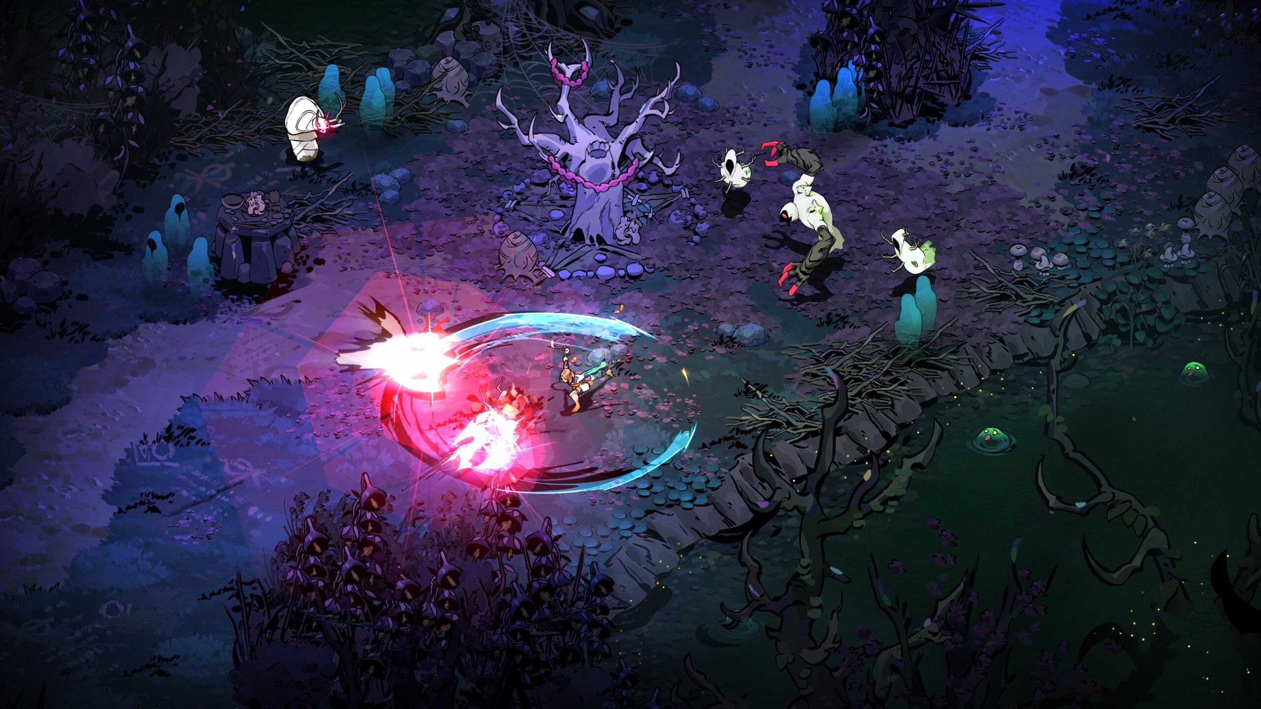 fighting enemies with magical abilities in a dark forest 