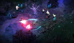 fighting enemies with magical abilities in a dark forest