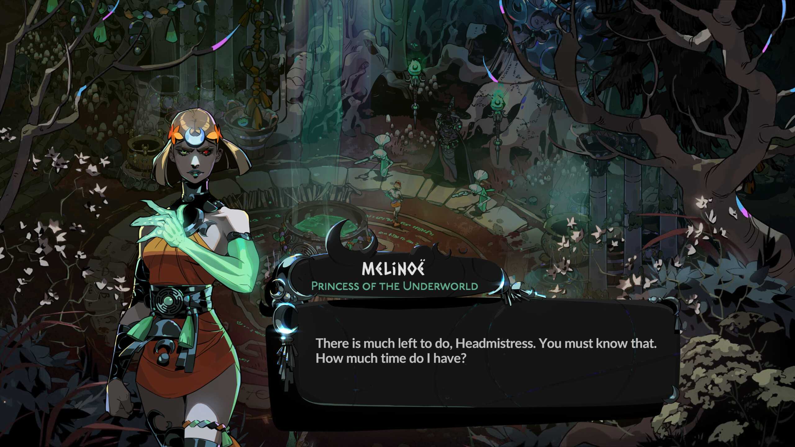Melione speaking to another character in a garden