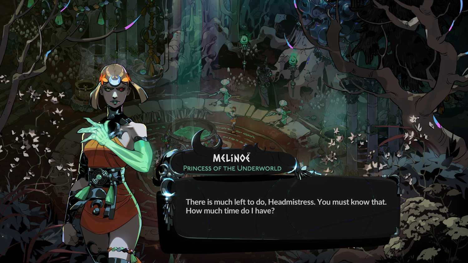 Melione speaking to another character in a garden
