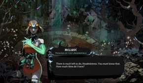 Melione speaking to another character in a garden