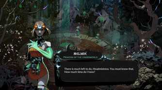 Melione speaking to another character in a garden