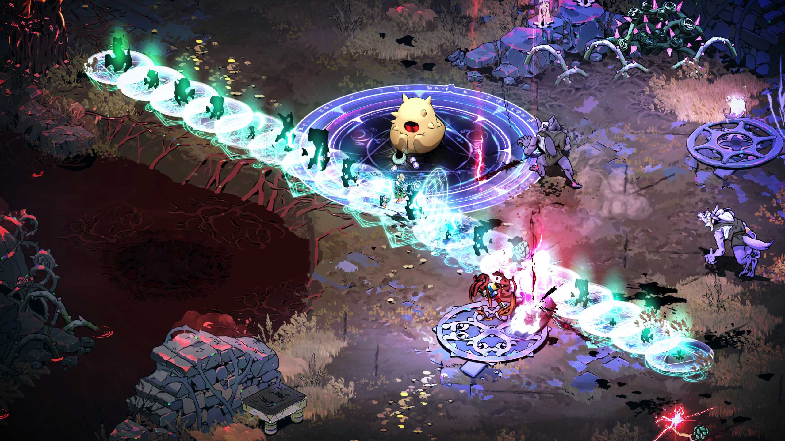 fighting waves of enemies with magical abilities