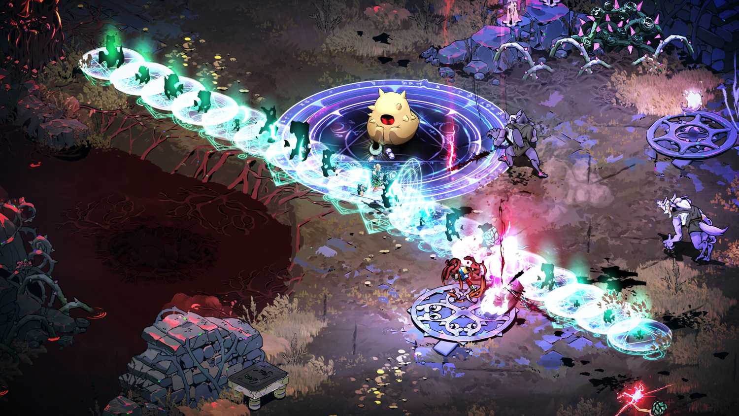 fighting waves of enemies with magical abilities