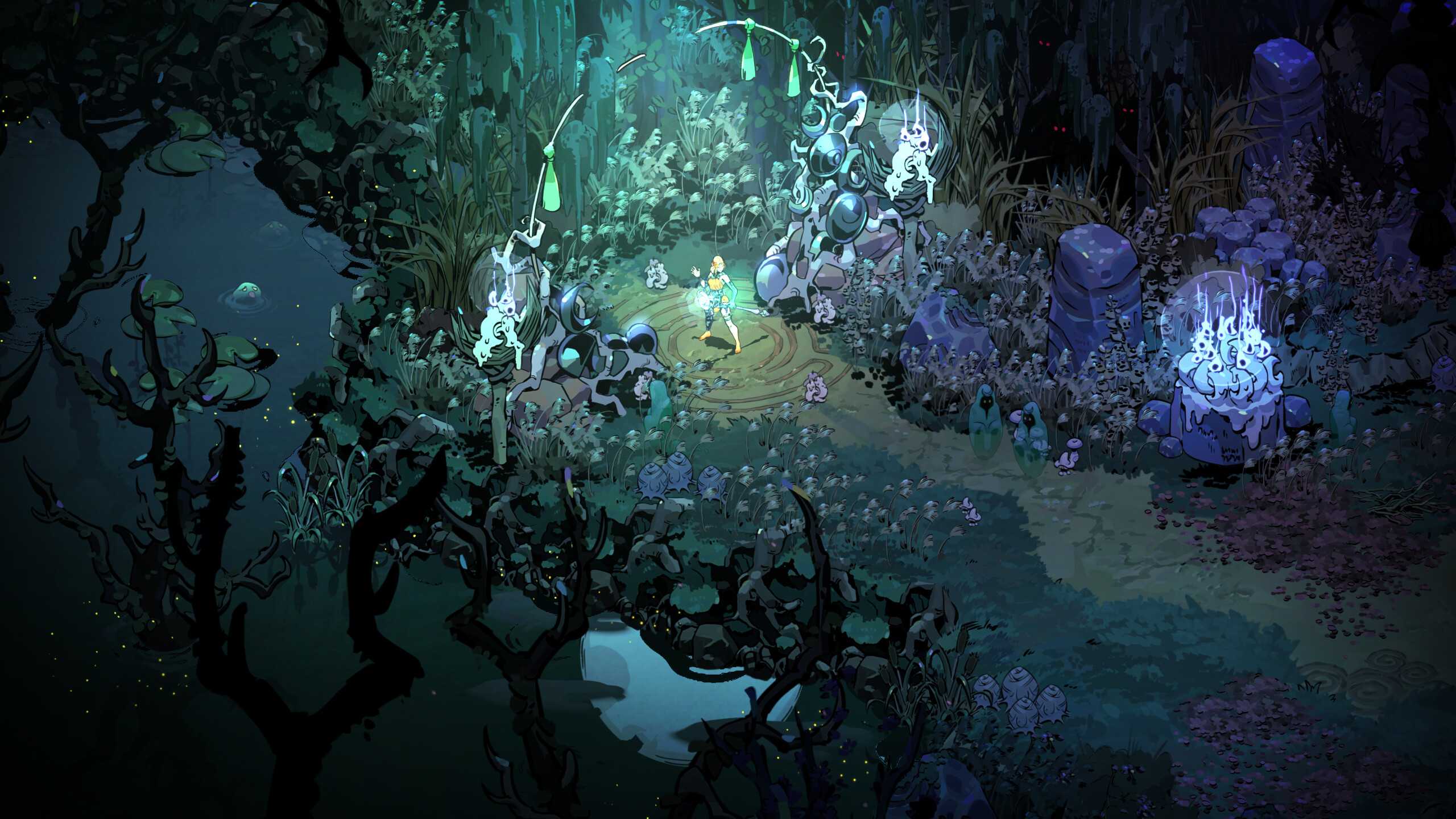 character standing in garden setting.