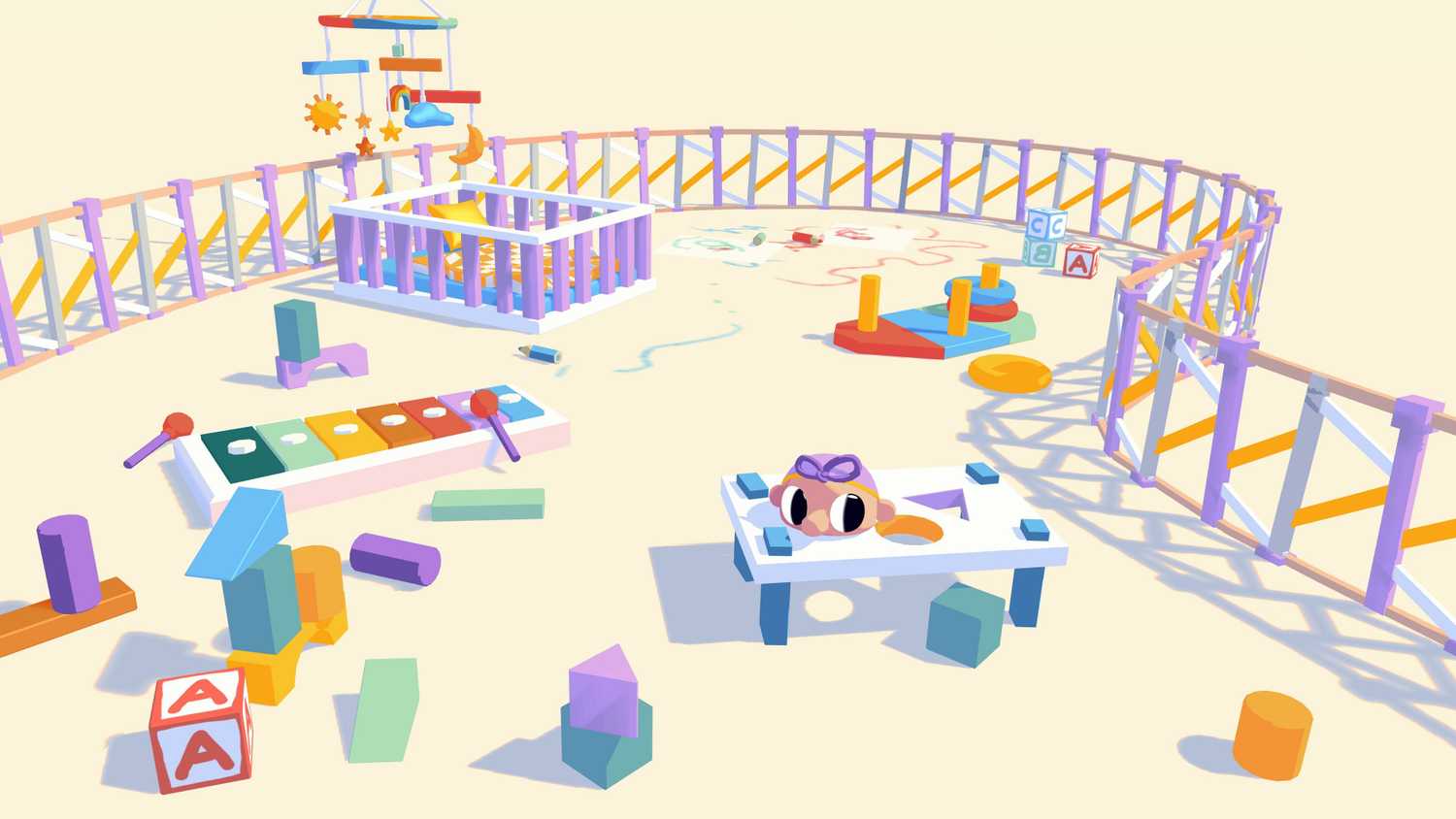Screenshot from Henry Halfhead video game of half-headed Henry with a bow on his head in playroom setting.