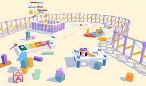Screenshot from Henry Halfhead video game of half-headed Henry with a bow on his head in playroom setting.