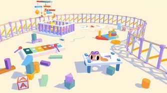 Screenshot from Henry Halfhead video game of half-headed Henry with a bow on his head in playroom setting.