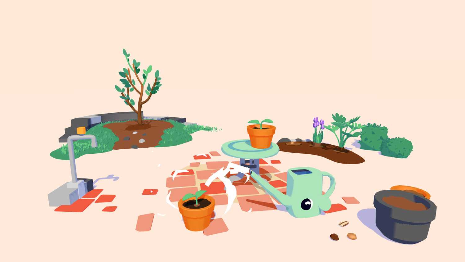 Screenshot from Henry Halfhead video game of water canister with eyes watering a potted plant.