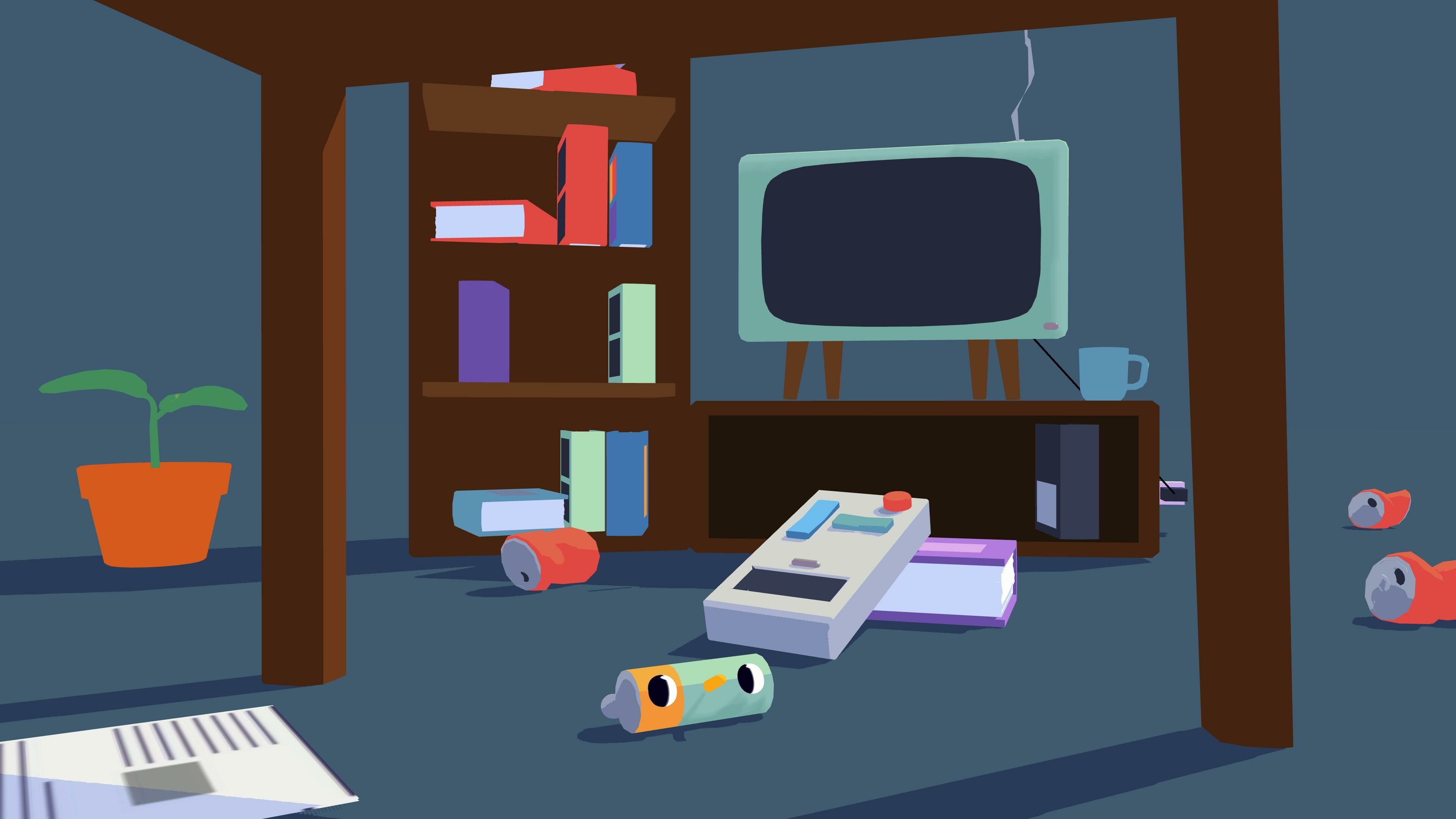 Screenshot from Henry Halfhead video game of battery with eyes in living room setting