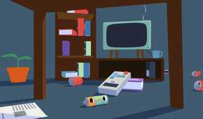 Screenshot from Henry Halfhead video game of battery with eyes in living room setting