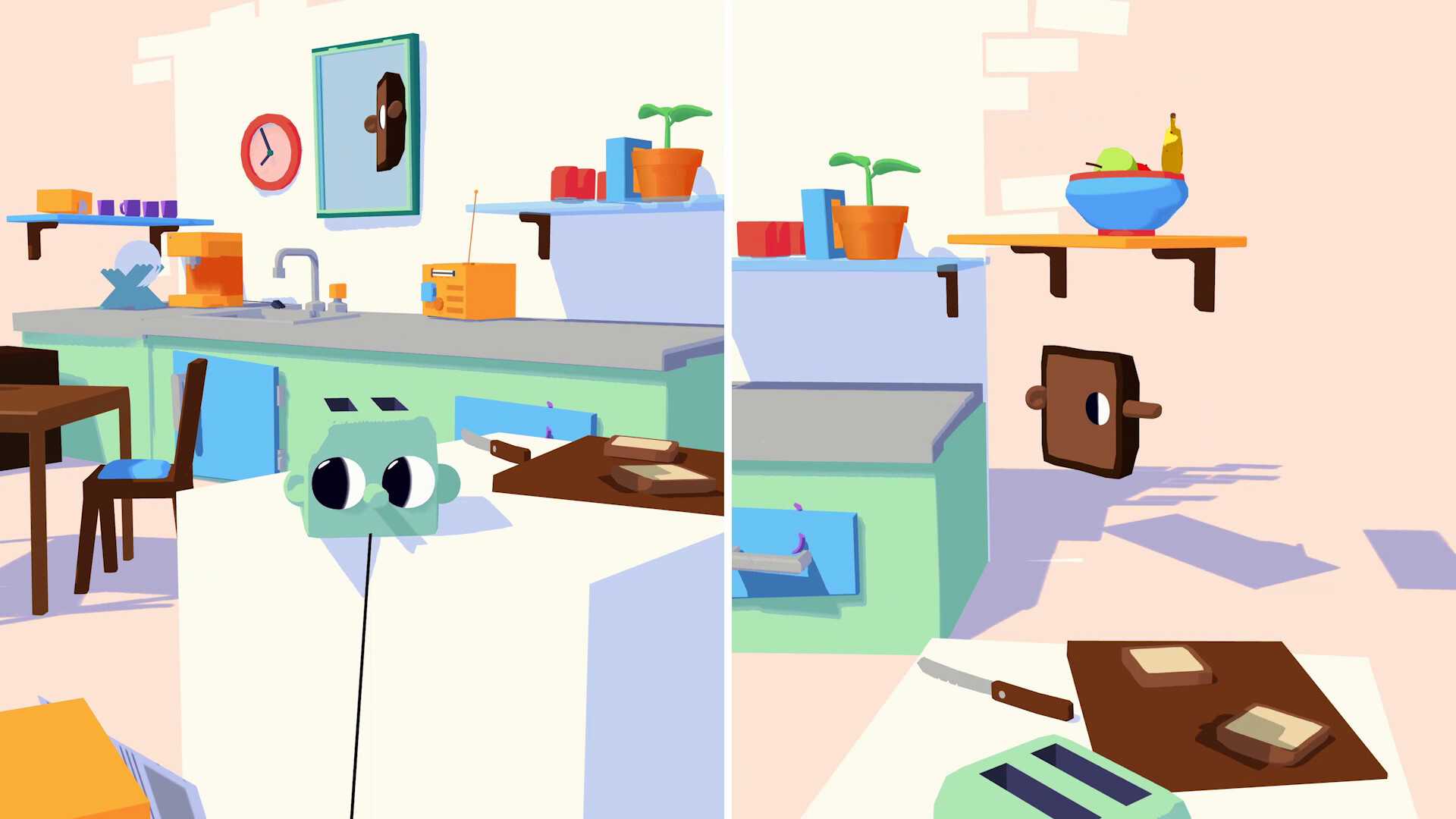 Screenshot from Henry Halfhead video game of toaster with eyes in kitchen setting and a slice of bread with eyes