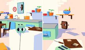 Screenshot from Henry Halfhead video game of toaster with eyes in kitchen setting and a slice of bread with eyes