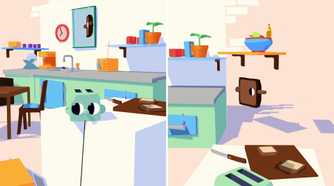 Screenshot from Henry Halfhead video game of toaster with eyes in kitchen setting and a slice of bread with eyes