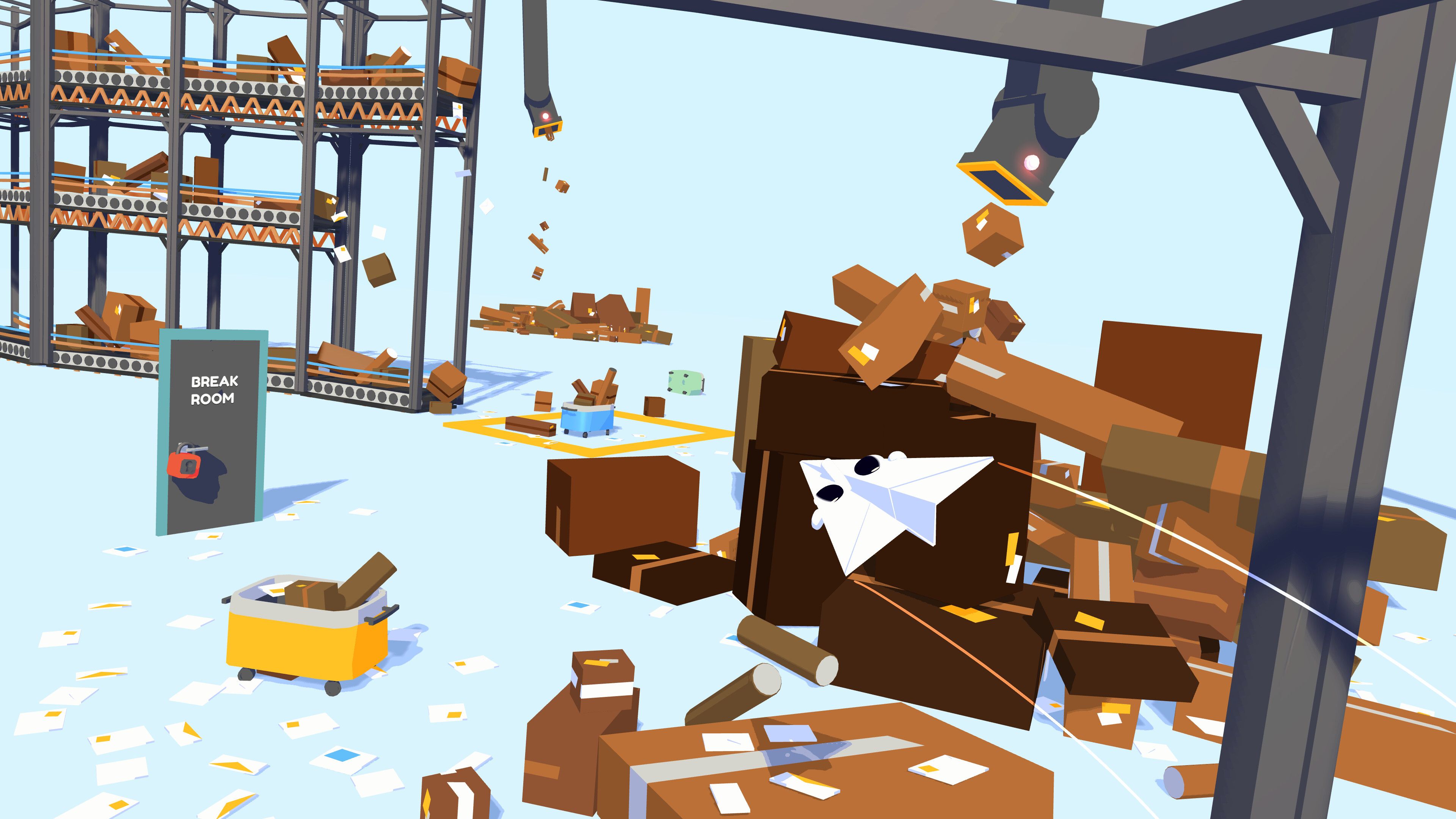 Screenshot from Henry Halfhead video game of paper airplane with eyes flying through factory setting.